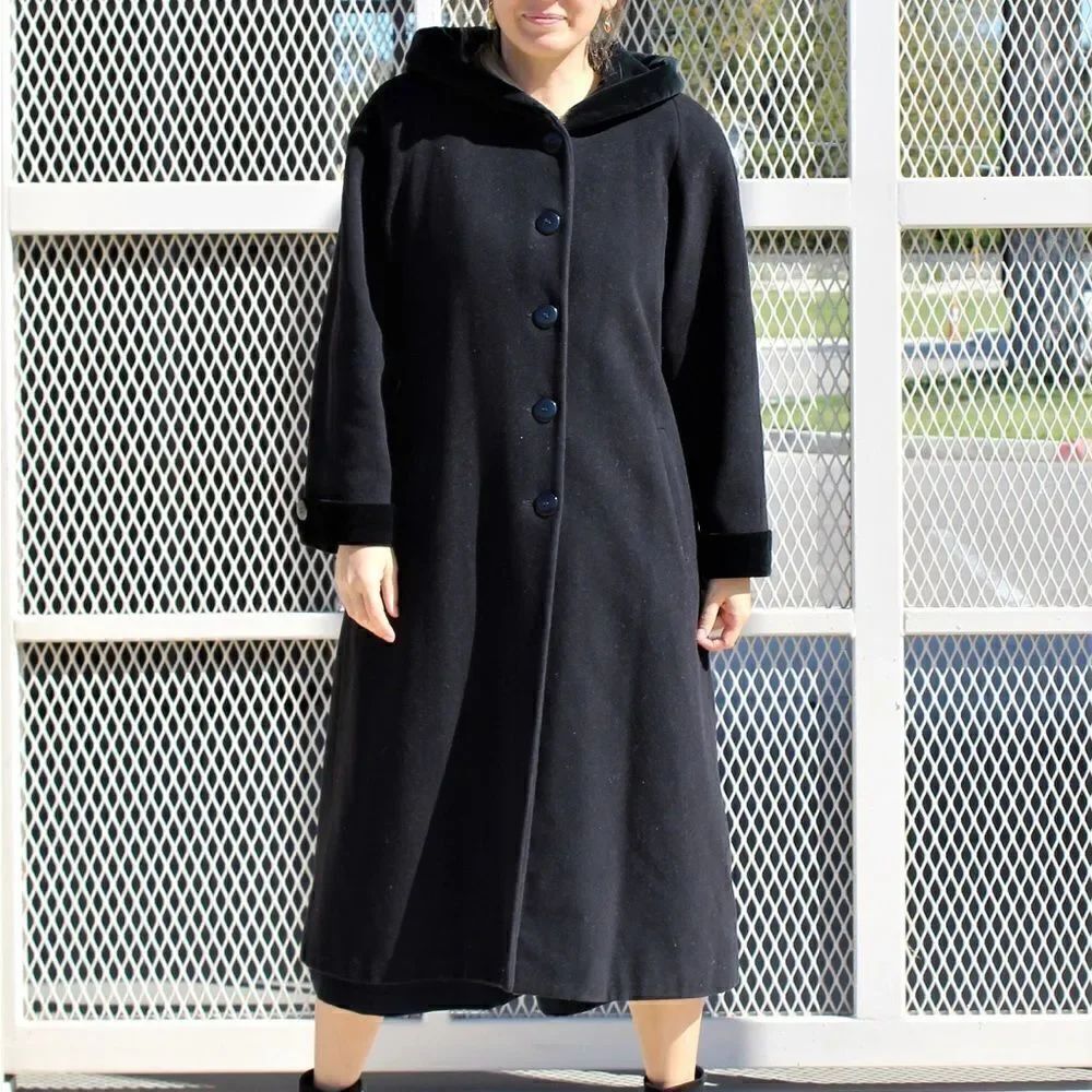 Vintage Black Lambswool Forecaster Velvet Trimed Hooded Long Trench Coat (10)